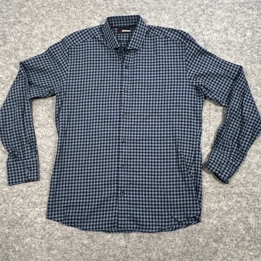 Deo Veritas Men's Dress Shirt Large Blue Check Plaid Custom Curated Casual